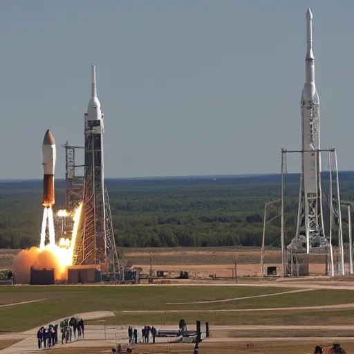 Image similar to nasa's new baguette rocket about to take off from a launch pad. the photo was taken slightly above a crowd of spectators looking at the baguette rocket and cheering on its launch