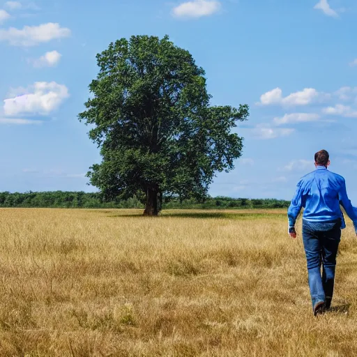 Image similar to guy in blue jack walking in a field