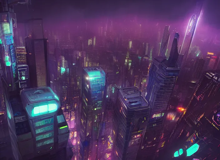 Image similar to cyberpunk scifi scene of a city at night, aerial view, salesforce tower, artstation, matt painting, very detailed, maximalism, ambient occlusion, volumetric light, atmospheric haze, unreal engine, hyper realism, realistic shading, cinematic composition, realistic render, octane render, detailed textures, photorealistic, wide shot