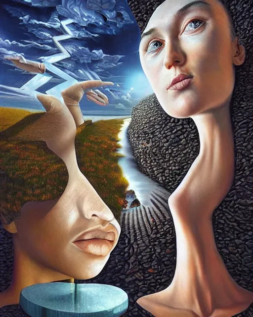 Image similar to gender dysphoria theme surrealist art in the styles of igor morski, jim warren, and rob gonsalves, intricate, hyperrealistic, volumetric lighting