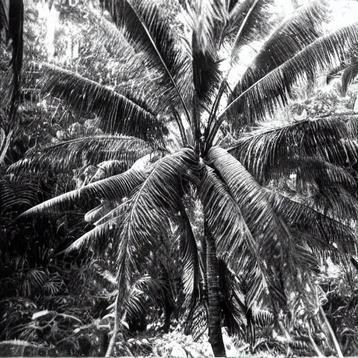 Image similar to lost film footage of a sacred object in the middle of the tropical jungle / film still / cinematic / enhanced / 1 9 2 0 s / black and white / grain