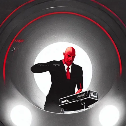 Image similar to a portrait of agent 4 7 placing a record in a record player, black background, red rim light, highly detailed, smooth, sharp focus, art by maciej kuciara