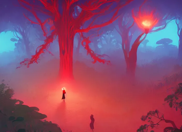 Prompt: a woman with [ red energy emanating from her hand ]!, stands in the middle of a pathway in a timid forest, trending on cgsociety, digital art, illustrated by max hay and anton fadeev, bioluminescent atmosphere, back view, intricate