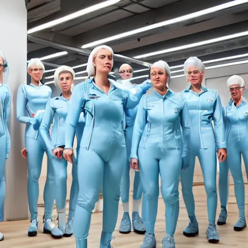 Prompt: troop of identical athletic women with white hair wearing tight light blue latex suits, in formation, futuristic chemistry lab, sci - fi, highly detailed, hyperrealistic