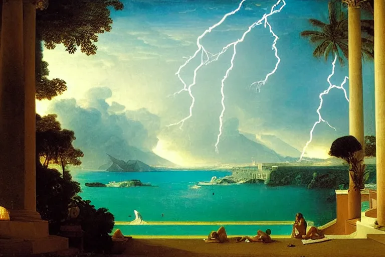 Image similar to From inside of the palace, refracted lightnings on the ocean, thunderstorm, greek pool, beach and Tropical vegetation on the background major arcana sky and occult symbols, by paul delaroche, hyperrealistic 4k uhd, award-winning, very detailed paradise