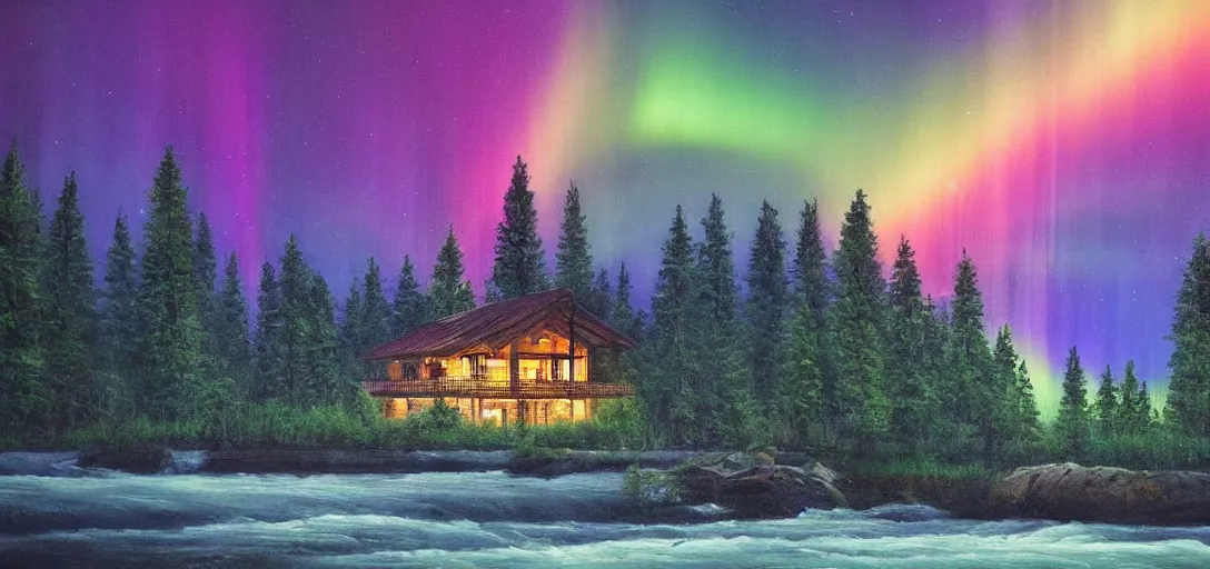 Prompt: a huge cabin in the middle of a river running through a forest, beautiful terrace, night, rainbow aurora, classic painting, award winning, highly detailed