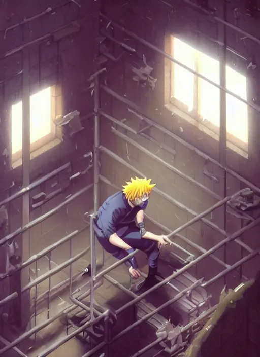 Image similar to highly detailed prison cell with naruto uzumaki with black hair, metal bars in window, powerfully hitting a wall, art by greg rutkowski, loish, rhads, ferdinand knab, makoto shinkai and lois van baarle, ilya kuvshinov, rossdraws, tom bagshaw, global illumination, radiant light, detailed and intricate environment