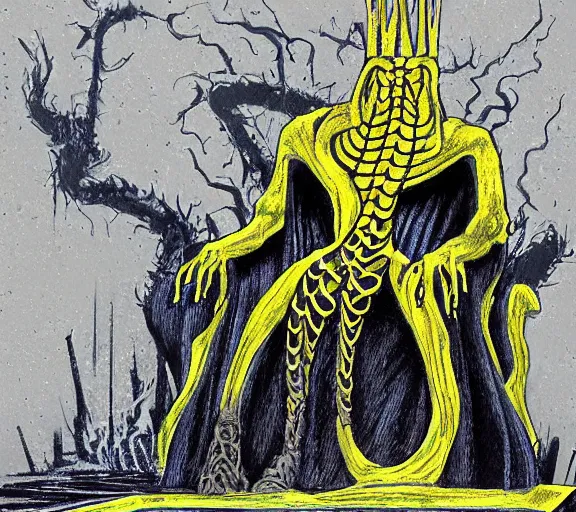 Image similar to eldritch king in yellow on his occult throne by mike winkelman