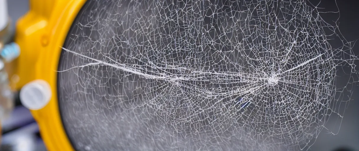 Image similar to a high quality color closeup depth of field hd 4 k film 3 5 mm photograph of a piece of scientific lab equipment covered in cobwebs