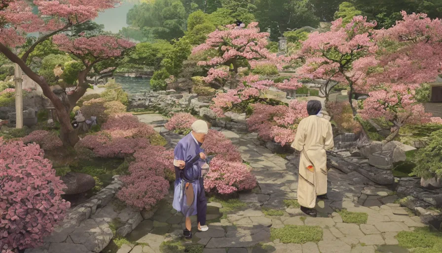 Image similar to old japanese man giving flowers to his wife, japanese flowery garden in the village, sunny day, drawing, hyperdetailed, artstation, cgsociety, 8 k