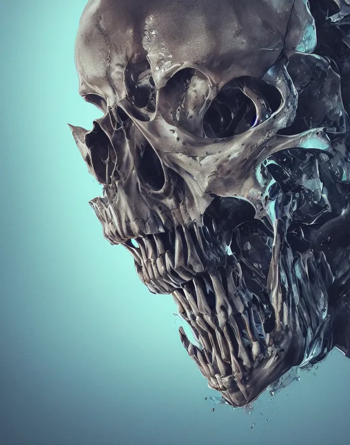 Image similar to portrait of a melting skull. intricate abstract. sharp teeth. delicate artwork. by Tooth Wu, wlop, beeple, dan mumford. octane render, trending on artstation, greg rutkowski very coherent symmetrical artwork. cinematic, hyper realism, high detail, octane render, 8k, depth of field, bokeh. chrome accents.