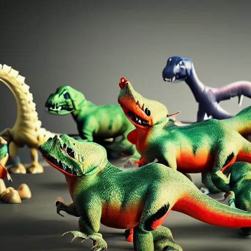 Prompt: an army of dinosaur toys, blurred background, photorealistic