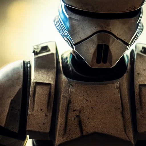 Image similar to close - up cyberpunk stormtrooper, battle scars, moody lighting, 8 k, shallow depth of field, cinematic lighting,