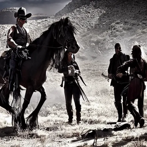 Image similar to screenshot of the lone ranger walking ont a tv film set with a film crew, behind the scenes, 2 4 mm lens, directed by wince mcstevens, tense scene, moody dramatic light