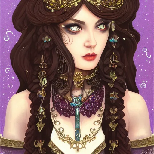 Image similar to A beautiful detailed portrait of a tempting young beautiful female fantasy sorceress with fair skin and long dark brown hair dressed in ornate magical clothing by Kirbi Fagan, trending on artstation