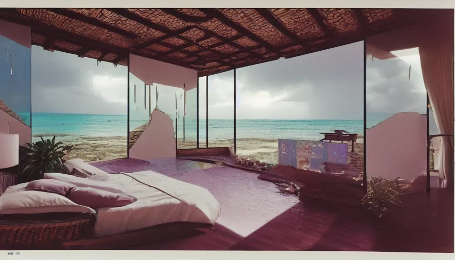 Image similar to A 1985 magazine architecture photo of a bedroom, mediterranean architecture, refracted lines and sparkles, thunderstorm outside, beach and Tropical vegetation on the background major arcana sky and occult symbols, hyperrealistic 8k uhd, award-winning, 1985