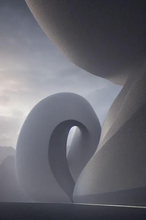 Image similar to professional landscape photograph of a large beautiful neo - futuristic matte symmetrical elongated oval monolith by joseph cross, denis villeneuve, emmanuel shiu, zaha hadid, mist vapor, cinematic architectural scale, dramatic, volumetric, concept art, hard surface, hyperrealism, very high detail, trending on artstation, sharp focus, rendered in octane