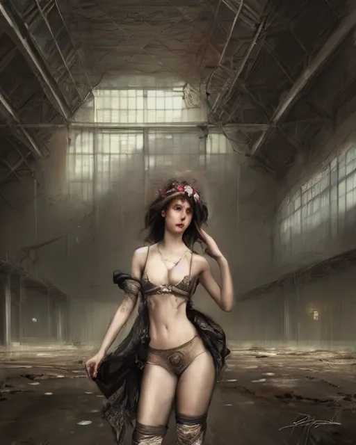Image similar to daniel gerhartz and artgerm detailed portrait digital rococo painting of a beautiful woman wearing streetwear clothing, instagram style, abandoned warehouse interior in the background, unreal engine, hyper realism, realistic shading, cinematic composition, blender render, octane render, hdr, detailed textures, photorealistic, ultrawide shot, 3 5 mm film