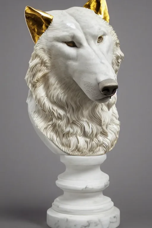 Image similar to a white marble bust of a wolf with gold filigree