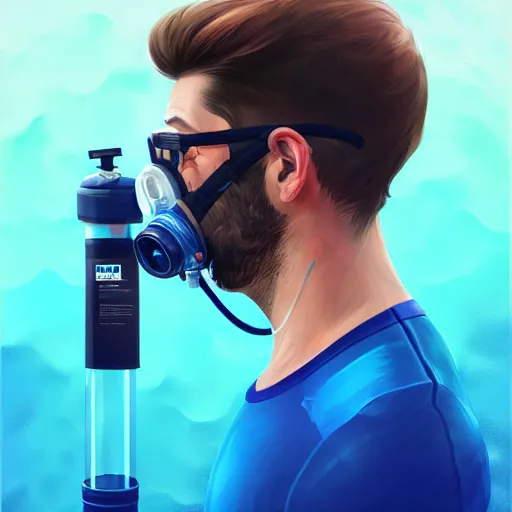 Prompt: a profile photo of a man with oxygen cylinder and mask, side profile in underwater, highly detailed, digital painting, artstation, concept art, smooth, sharp focus, illustration by Sandra Chevrier