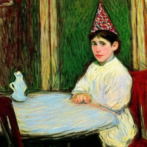 Prompt: a girl with a white headkerchief sitting alone on a birthday table looking sad by monet