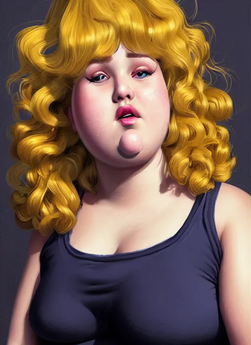 Image similar to full body portrait, teenage betty cooper, blonde hair, obese, bangs, ponytail, sultry, realistic, sultry smirk, fluffy bangs, curly bangs, fat, belly, beautiful girl, intricate, elegant, highly detailed, digital painting, artstation, concept art, smooth, sharp focus, illustration, art by wlop, mars ravelo and greg rutkowski