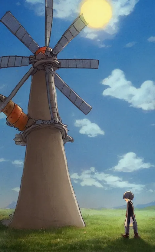 Image similar to a cartoon character is standing in front of a windmillt, concept art by hayao miyazaki, featured on pixiv, fantasy art, official art, 2 d game art, concept art