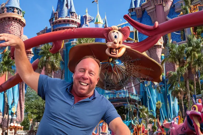 Image similar to alex jones riding the dumbo ride at disney world, movie still, 8 k, portrait