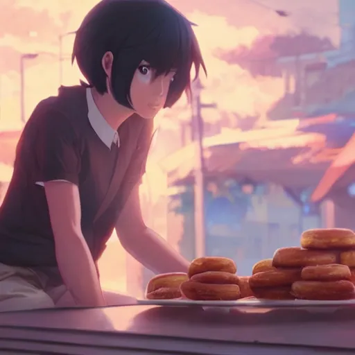 Image similar to a movie shootout scene, everything is doughnuts, perfect shading, atmospheric lighting, by makoto shinkai, stanley artgerm lau, wlop, rossdraws