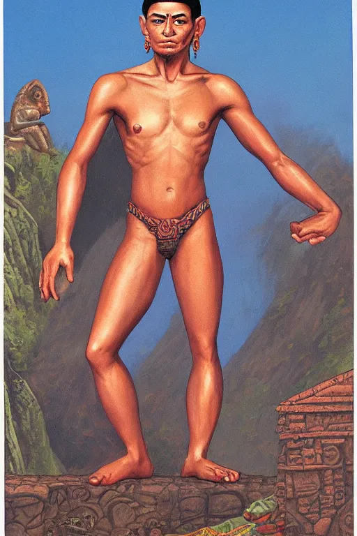 Image similar to thin mayan quetzal man in his early 30s, by Alex Horley