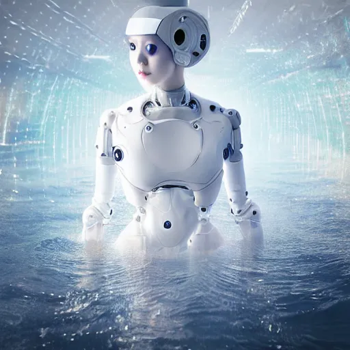 Prompt: beautiful centered fine art photo portrait of hoyeon jung as a solarpunk robotic humanoid, half body above water, white mechanical parts with led lights, ultra - realistic and intricate, white background, sun lighting, soft focus, slow exposure hdr 8 k