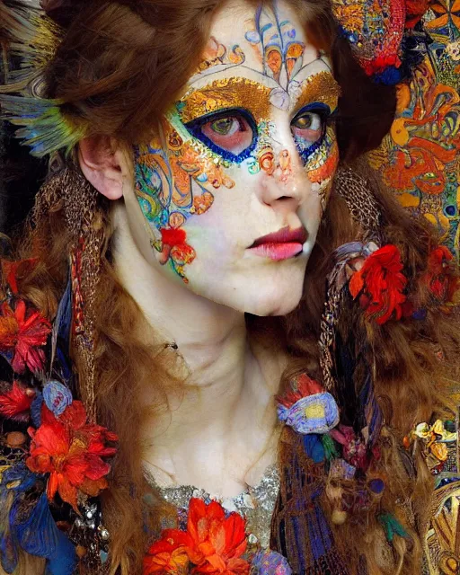 Image similar to a beautiful girl wearing colourful face paint surrounded by bright intricate patterns, by edgar maxence and caravaggio and michael whelan, intricate painting, hyper realistic, extremely detailed and beautiful aesthetic face, 8 k resolution