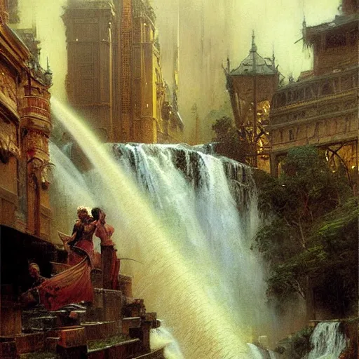 Prompt: waterfall flooding an entire city. victorian age. highly detailed painting by gaston bussiere, craig mullins, j. c. leyendecker