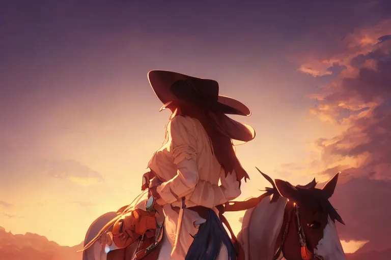 Image similar to western cowgirl, single subject, scenic full shot, ambient lighting, detailed face, by makoto shinkai, stanley artgerm lau, wlop, rossdraws