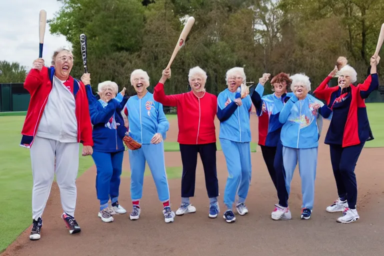 Image similar to a gang of old ladies waving baseball bats and wearing track suits laughing maniacally and screaming