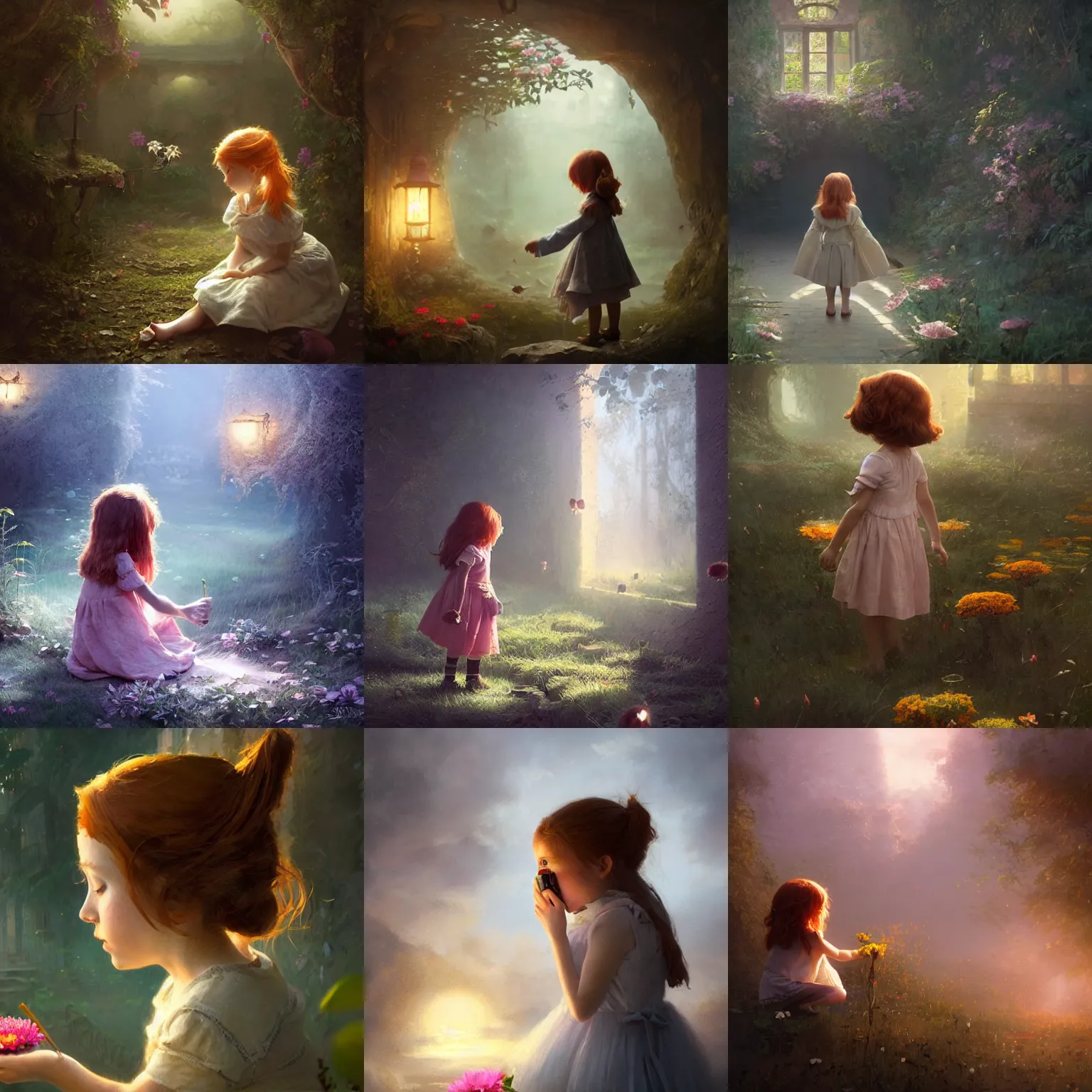 Prompt: cute 5 year old girl with ginger hair sniffing a flower. soft lighting. magical atmosphere. matte painting by greg rutkowski.