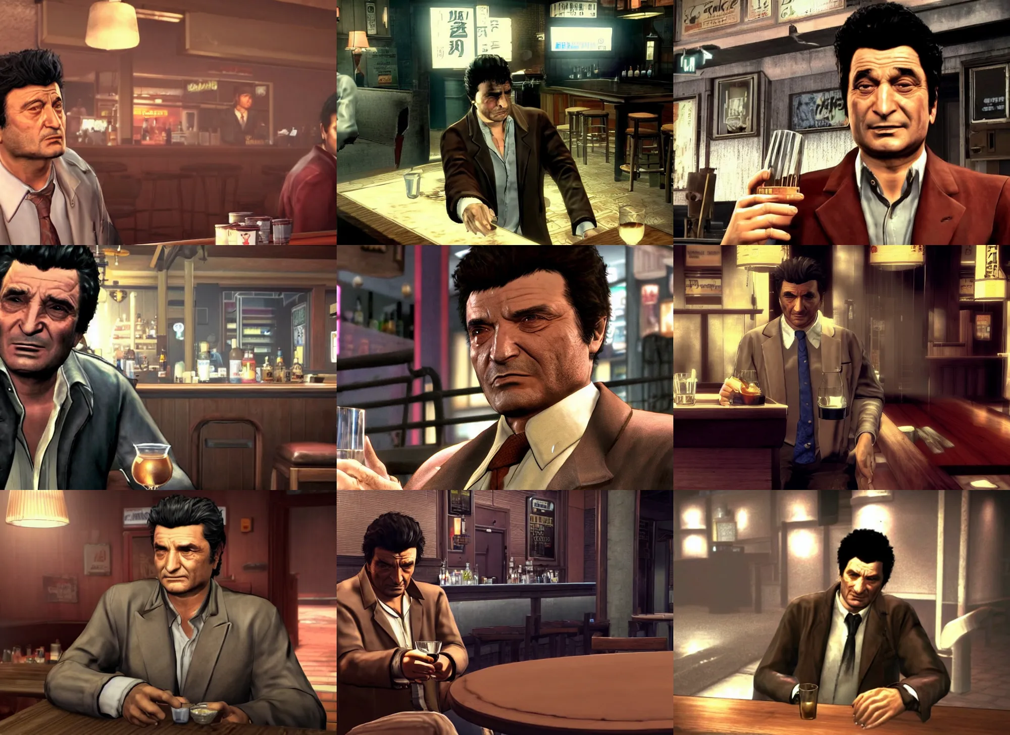 Prompt: video game still of police detective columbo ( played by young peter falk ) in his messy trenchcoat, sitting sad and alone at a cocktail bar, holding a whiskey glass in the video game yakuza zero. detailed pores