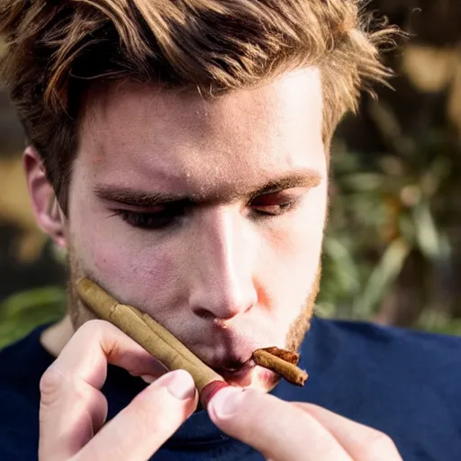 Image similar to a closeup photo of handsome gigachad elrubius smoking a cigar