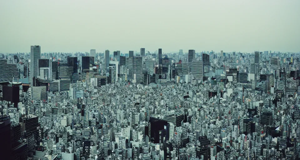 Prompt: photograph of the tokyo skyline, shot on cinestill 5 0 d with a 3 5 mm lens aperture f / 8, dynamic composition, high camera angle, wide angle, full frame, full res, pinpoint sharp focus, hyper realistic