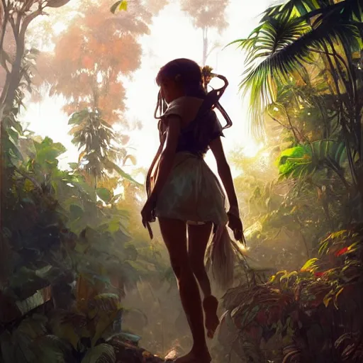 Prompt: girl wandering through the amazon by krenz cushart and mucha and akihito yoshida and greg rutkowski, vibrant, midday, harsh overhead sunlight, long shot, dutch angle,