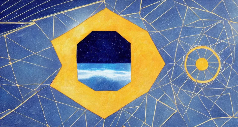 Prompt: solar sail in the shape of a hexagon blocking the sun, seen from earth, art deco painting