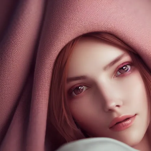 Image similar to portrait of a cute thin young woman, red blush, wearing casual clothes, small smile, relaxing on a couch, cozy under a blanket, cozy living room, close up shot, 8 k, octane render, trending on artstation, art by artgerm and irakli nadar,, hyperrealism, hyperdetailed, ultra realistic