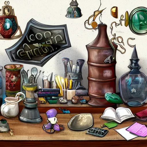 Prompt: the cluttered desk of a potion master