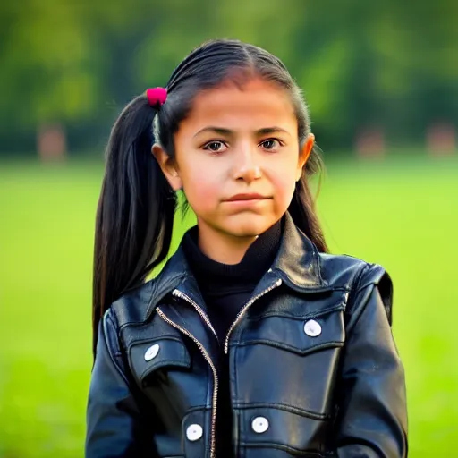 Image similar to a seven years old latin girl plays on a great green meadow, she wears a black jacket, jeans and black boots, she has two ponytails, photo taken by a nikon, highly detailed, sharp focus
