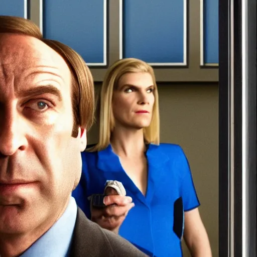 Prompt: Saul Goodman and Kim Wexler standing in front of a blue glass door, smoking cigarettes, highly detailed, dark