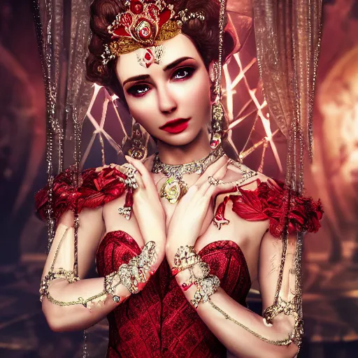 Image similar to wonderful princess with smooth fair skin, alluring eyes, red jewelry, breathtaking, elegant, intricate, ornate backdrop, hyper detailed, accent lighting, 4 k glamour photography, octane render