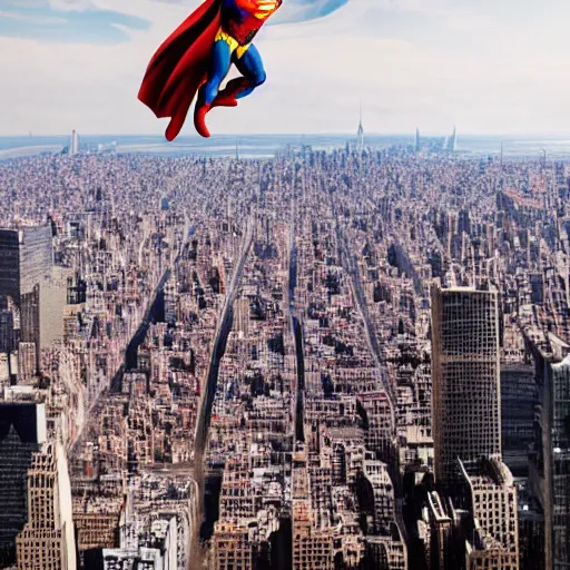Prompt: Superman flying over New York, drops his sandwish