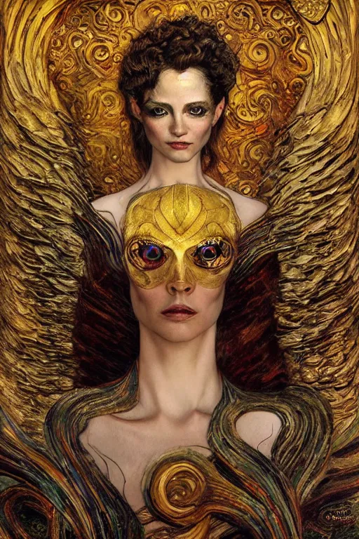 Image similar to Intermittent Chance of Chaos Muse by Karol Bak, Jean Deville, Gustav Klimt, and Vincent Van Gogh, beautiful portrait of Rebirth, Loki's Pet Project, Poe's Angel, Surreality, inspiration, imagination, muse, otherworldly, fractal structures, arcane, ornate gilded medieval icon, third eye, spirals