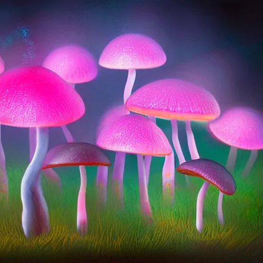 Image similar to luminescent pink and orange mycena fungi, emitting spores, midnight, fantasy art, mysterious, magical, hyperrealistic, detailed, soft lighting, fireflies