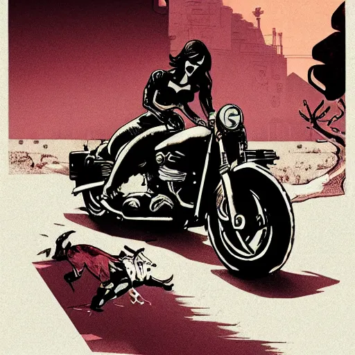 Image similar to a colorfully detailed comic noir illustration of a hot tattooed women riding a motorcycle through a post-apocalyptic desert by Queens of the Stone Age and sachin teng, dark vibes, street art, cinematic, high contrast, depth of field